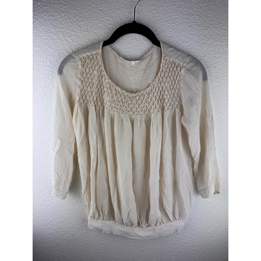 Club Monaco Womens Beige Smocked‎ Sheer Long Sleeve Top Blouse 100% Silk XS